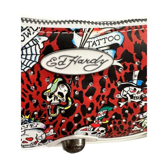 Ed Hardy Women's Red Cheetah Print Shoulder Bag with Skull Accents - Picture 2 of 6